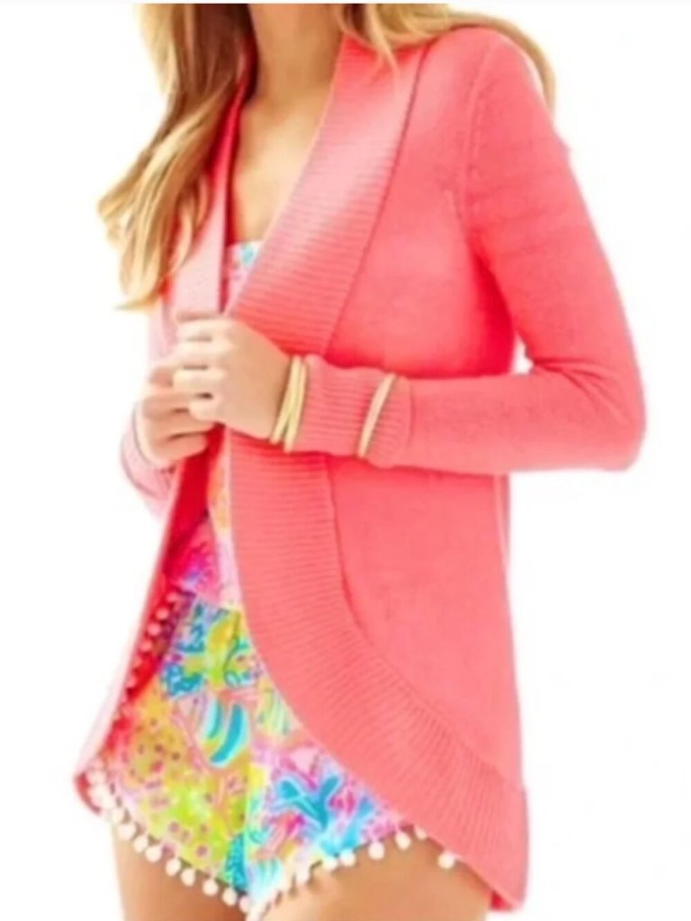 Lilly Pulitzer Amalie Coral Pink Open-Front Cardigan Shawl Colllar Sz L
